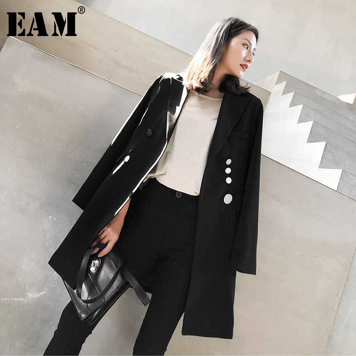 [EAM] Women Black Button Stitch Long Blazer New Lapel Long Sleeve Loose Fit Jacket Fashion Tide Spring Autumn 2021 1W524|Blazers|