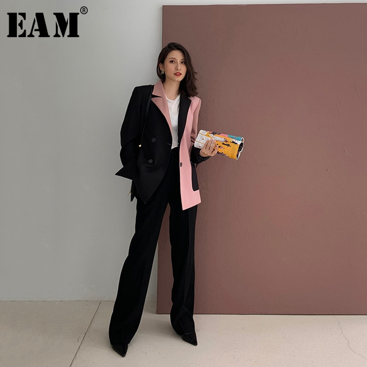 [EAM] Women Black Contrast Color Big Size Blazer New Lapel Long Sleeve Loose Fit Jacket Fashion Tide Spring Autumn 2021 1W482|Blazers|