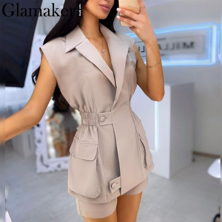 Glamaker Sleeveless 2 piece suit set women v neck elastic waist female office ladies set summer shorts co ord set sexy outfits|Women's Sets|