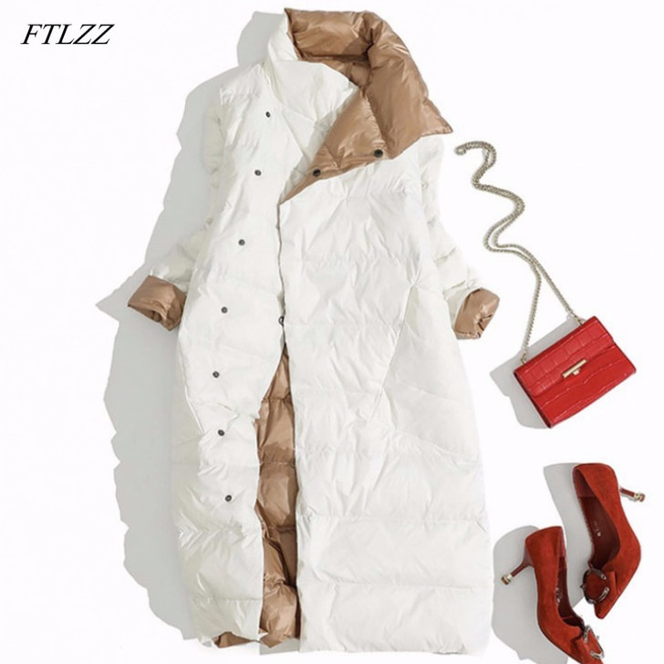FTLZZ Plus Size 3XL Women Double Sided Down Long Jacket White Duck Down Coat Winter Double Breasted Warm Parkas Snow Outwear|Down Coats|