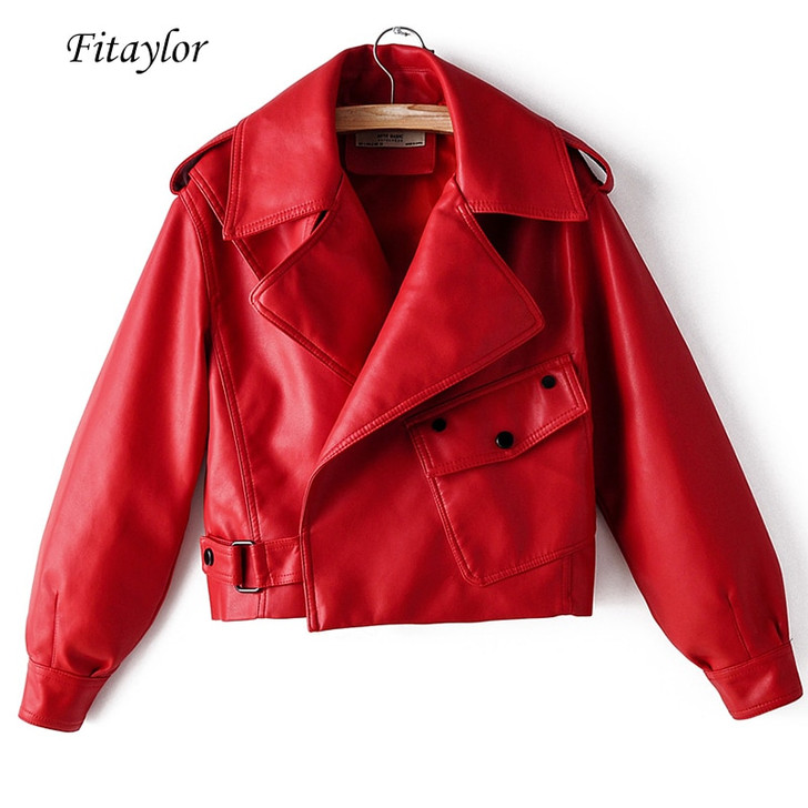 Fitaylor New Autumn Women Faux Leather Jacket Pu Motorcycle Biker Red Coat Turndown Collar Loose Streetwear Black Punk Outerwear|Leather Jackets|