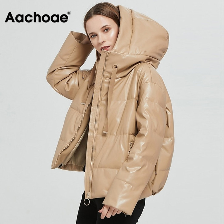 Aachoae Women Thick Warm PU Faux Leather Padded Coat 2020 Winter Zipper Hooded Jacket Parka Long Sleeve Pockets Outerwear Tops|Leather Jackets|