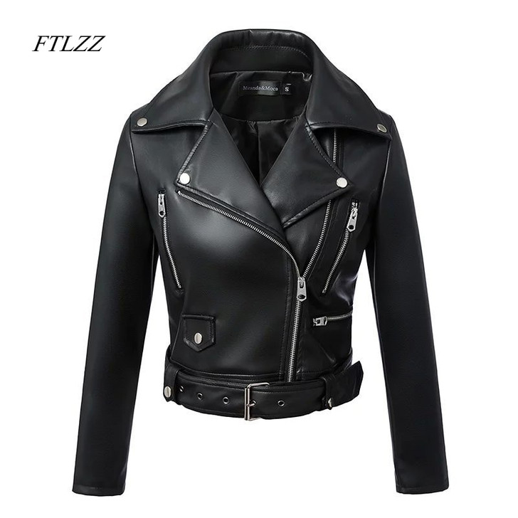 FTLZZ New Women Autumn Winter Black Faux Leather Jackets Zipper Basic Coat Turn down Collar Motor Biker Jacket With Belt|Leather Jackets|