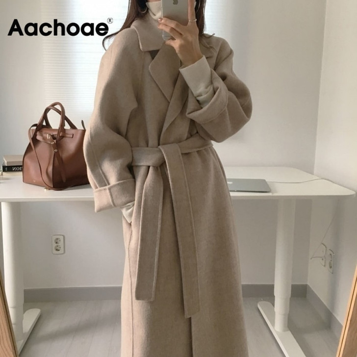 Aachoae Women Elegant Long Wool Coat With Belt Solid Color Long Sleeve Chic Outerwear Ladies Overcoat Autumn Winter 2020|Wool & Blends|