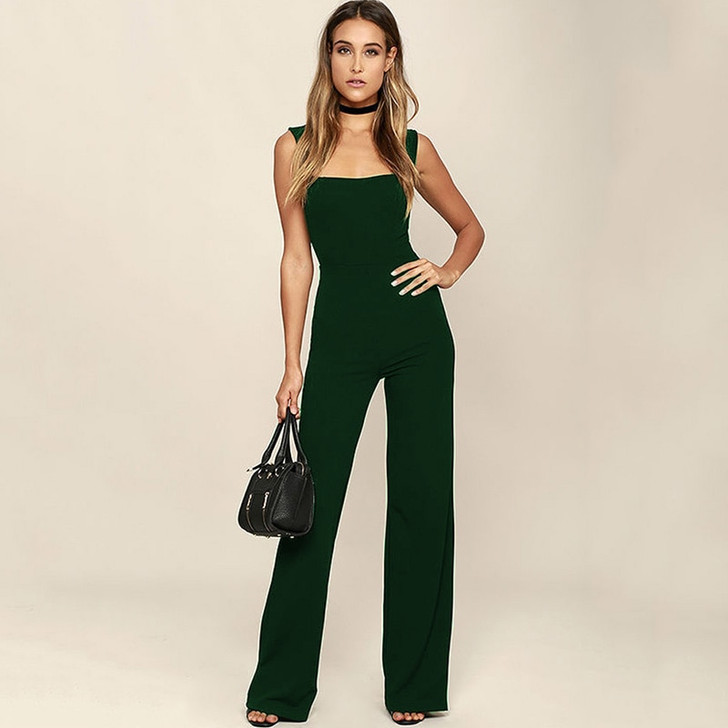 Rompers Womens Jumpsuit Flared Square Neck Solid Color Sleeveless Back Zipper Romper 2020 Fashion Lady Playsuit female Overalls|Jumpsuits|