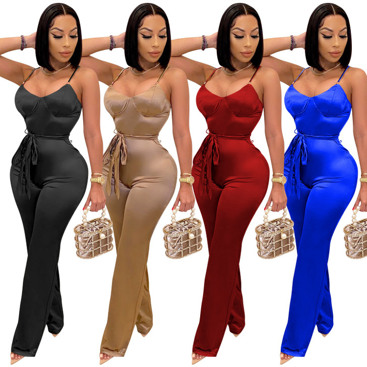 Cutubly Long Sleeve Jumpsuits And Rompers For Women Solid Sexy Jumpsuits Fashion Belt Spaghetti Strap Jumpsuits Club Wear| |