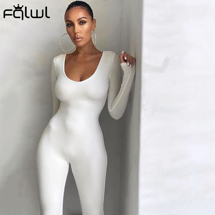 FQLWL Fall Winter Long Sleeve Sexy Rompers Womens Jumpsuit Female One Piece Outfits Brown Black White Bodycon Jumpsuit For Women|Jumpsuits|