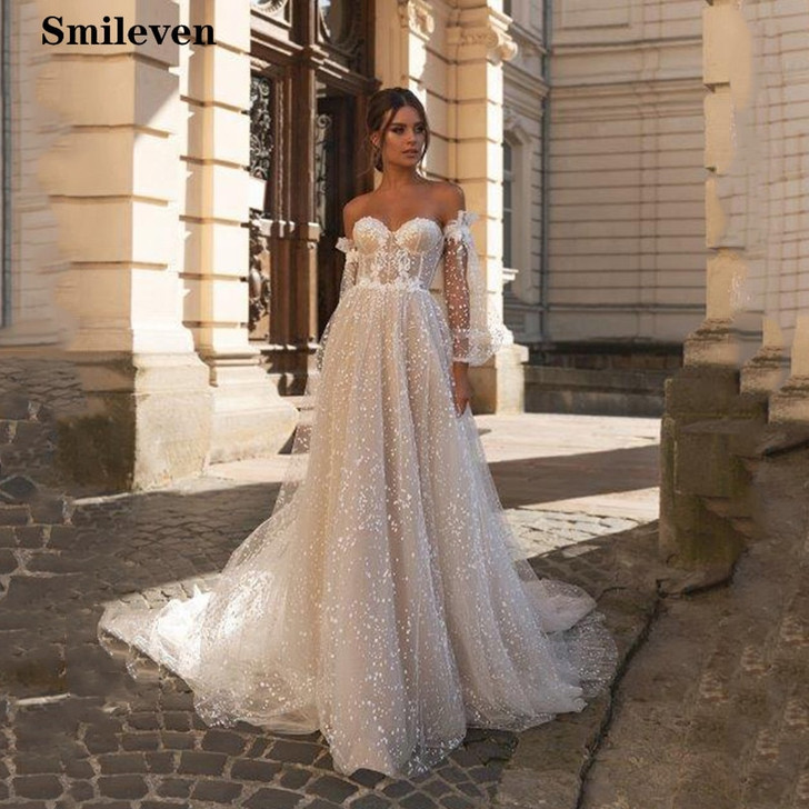 Smileven Boho Wedding Dress Puff Sleeve Sweetheart Neck Robe De Mariee Lace Bridal Dresses Wedding Dress For Girls|Wedding Dresses|