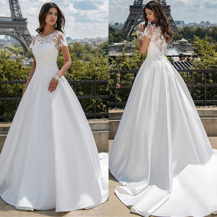 White O neck Short Sleeves Satin With Applique Lace A line Wedding Dress 2021 Design For Bride Vestido de Noiva|Wedding Dresses|