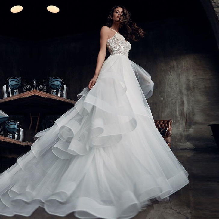 Eightale Elegant Wedding Dresses Spaghetti Strap Appliques Lace Beaded Wedding Gown Backless Ruffle Bride Dress Vestido De Noiva|Wedding Dresses|