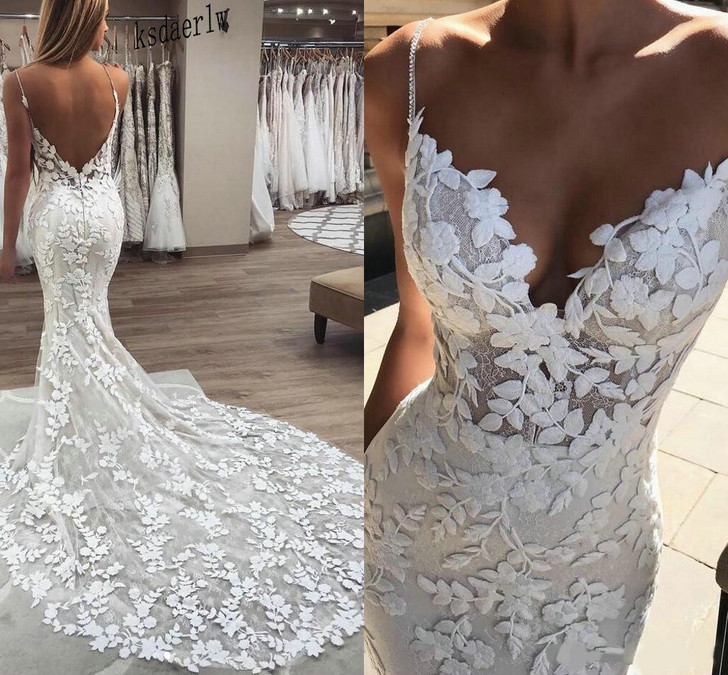 2020 Berta mermaid Wedding Dresses 3D Floral Applique Lace backless Sweep tulle Train Plus Size boho beach Bridal Gowns Robe De|Wedding Dresses|