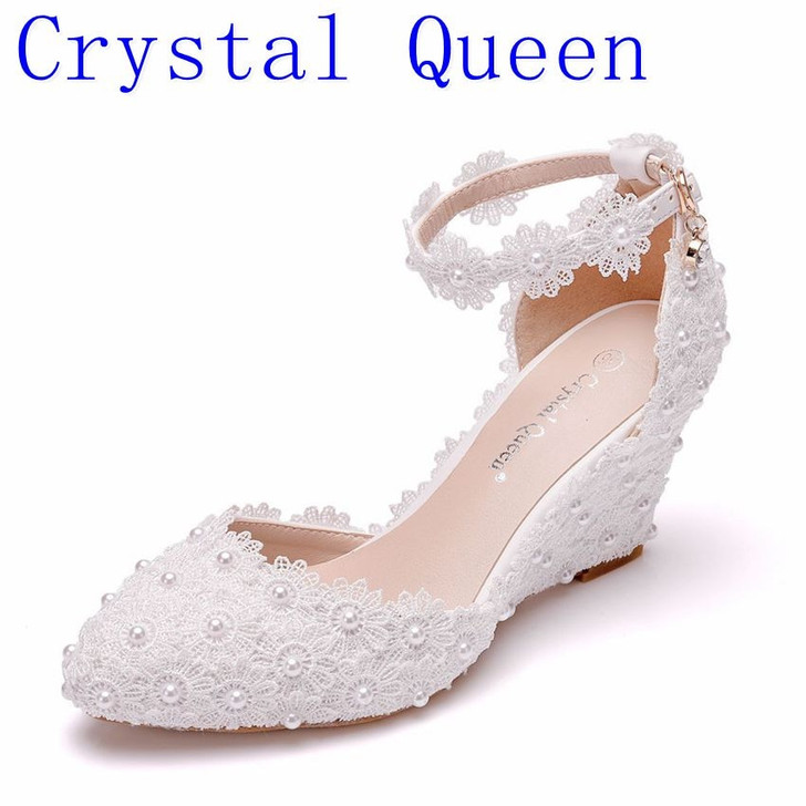 Crystal Queen Lace 8CM Wedges Heel Woman Wedding Shoes Bride White Lace UP Sweet Bridesmaid Bridal Pumps Platform|Women's Pumps|