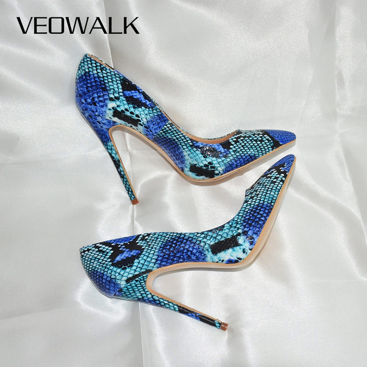 Veowalk Snake Printing Leather Women Super High Heels Sexy Ladies Pointed Toe Stiletto Pumps Slip on Heeled Party Shoes Blue|stiletto pumps|pointed toe stilettosslip on heels