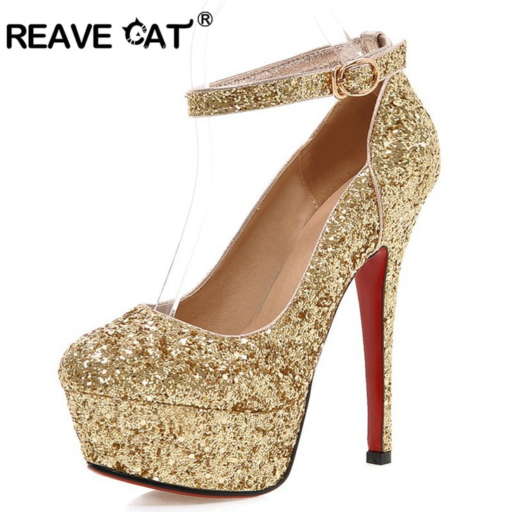 REAVE CAT 13.5cm Stiletto Ultra high heels Glitter Wedding Pumps Platform Ankle strap Buckle Gold silver Bridal Shoes party US12|wedding shoes|women pumpshigh heels women pumps