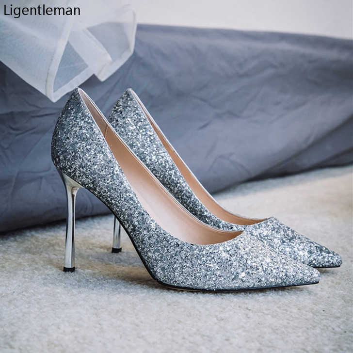 Silver High Heels Shoes Woman Pumps 2021 Gradient Shining Glitter Bridal Shoes Sequins Fashion Party Sexy Thin Heels Women Shoes|Women's Pumps|