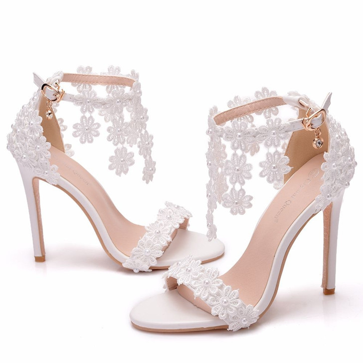 Crystal Queen Women Ankle Strap Sandals White Lace Flowers Pearl Tassel Super Heel Fine High Heels Slender Bridal Wedding Shoes|High Heels|