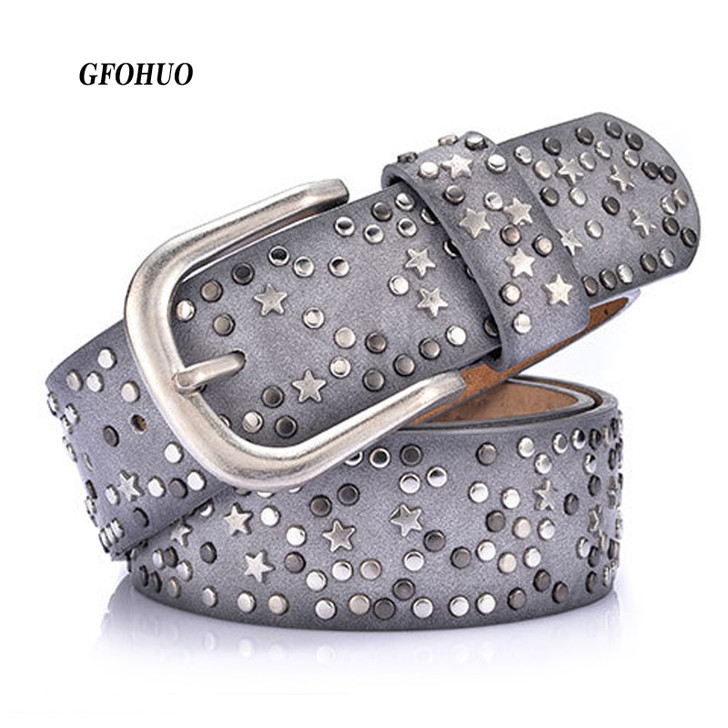 New Fashion women's Rivet belts Punk rock style belt For lady PU + Genuine leather Sequins Metal buckle Wide Metal rivet bead|Women's Belts|