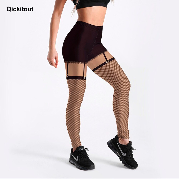 Qickitout 3D Digital Style Leggings For Women Black Detachable Mesh Pants Printed Leggings Slim Workout Fitness Casual Pants|Leggings|