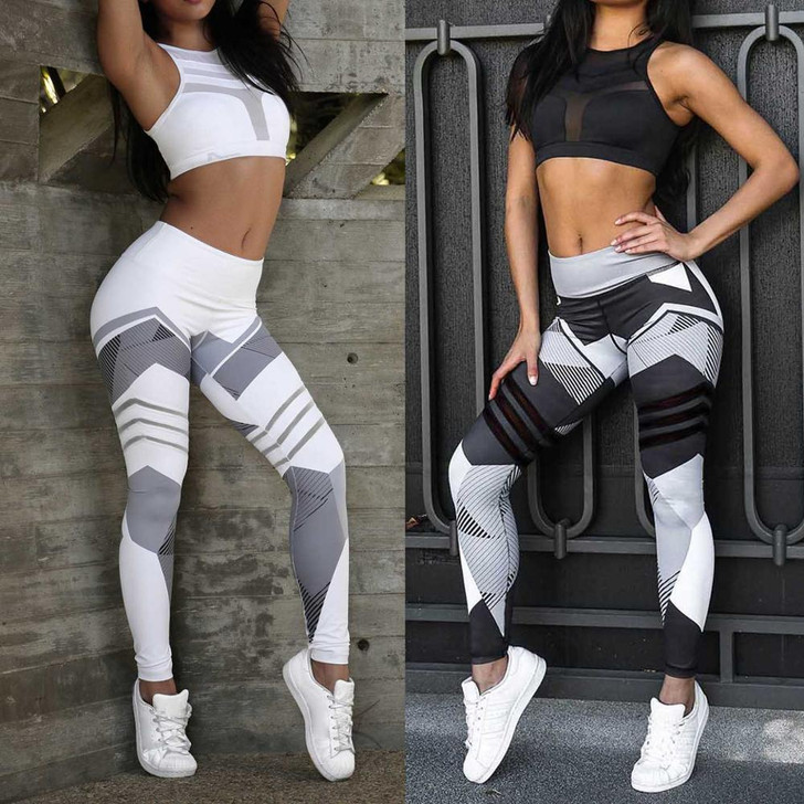 Women Running Yoga Set Breathable Tops push up Pants Sportswear Gym Workout Fitness Digital Print Stretch Leggings & Bra|Yoga Sets|