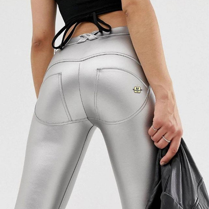 Melody Metallic Pants Push Up Stretch Women's Sweatpants and Joggers Full Length Middle Waist Button Fly Fitness Legging Outfit|Pants & Capris|