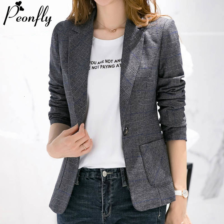 PEONFLY Fashion Plus Size Women Blazer Retro Plaid Printed Single Button Coat Casual Slim Vintage Veste Femme|Blazers|