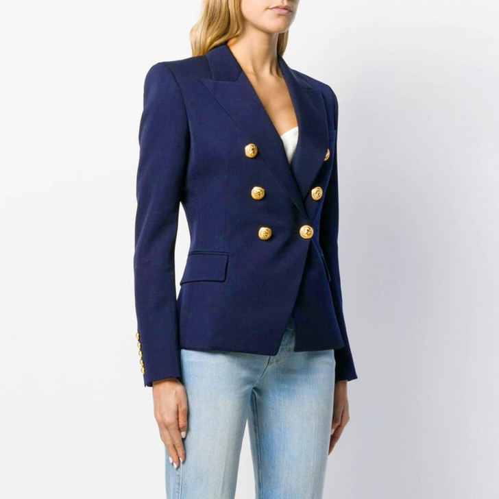 PEONFLY High Quality 2020 New Designer Blazer Women's Double Breasted Pocket Lion Buttons Slim Plaid Blazer Jacket Ladies|Blazers|
