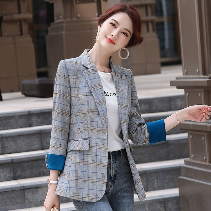 PEONFLY Vintage Plaid Printed Blazer Women Casual Single Button Office Lady Coat Fashion Notched Long Sleeve Chaqueta Mujer|Blazers|
