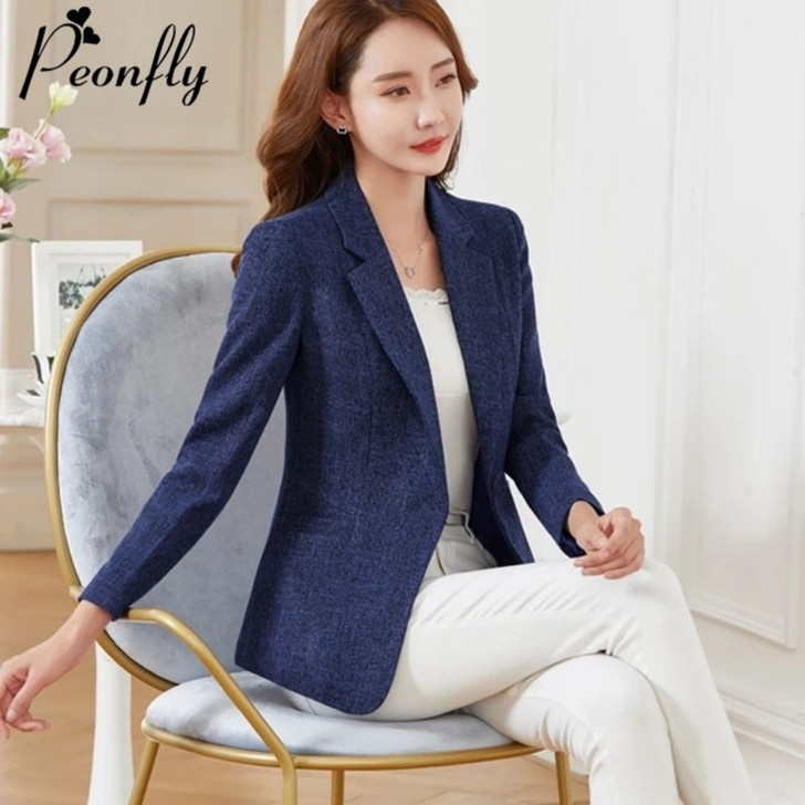 PEONFLY 2020 Women's Blazer Long Sleeve Blazers Solid One Button Coat Slim Office Lady Jacket Female Tops Blazer Navy Blue|Blazers|