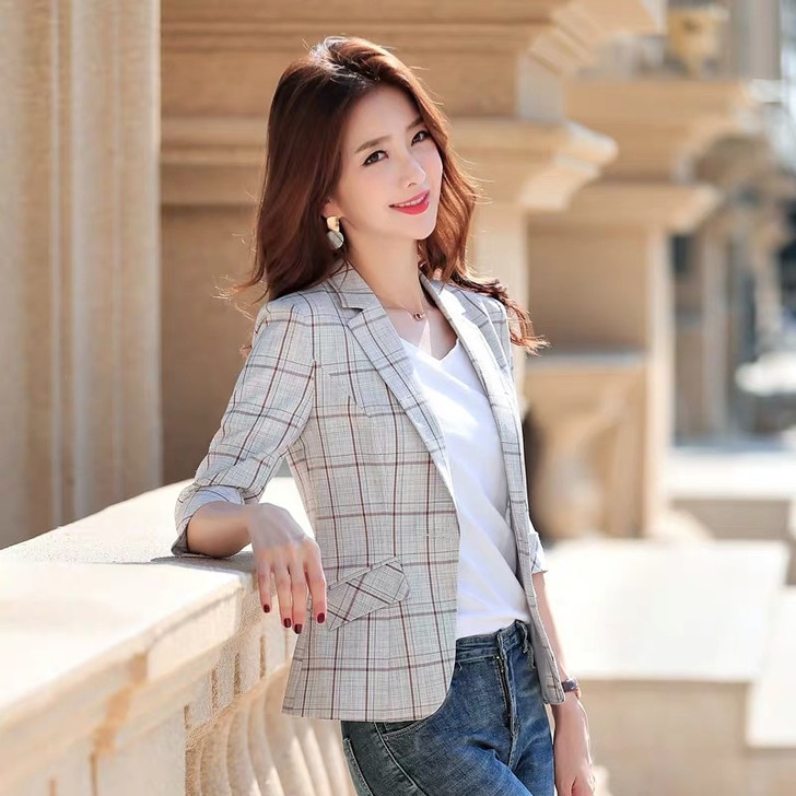 Vintage Plaid Women Blazer Jacket Notched Collar Single Button Female Suit Coat Outerwear blaser femme Summer Thin Small Blazers|Blazers|