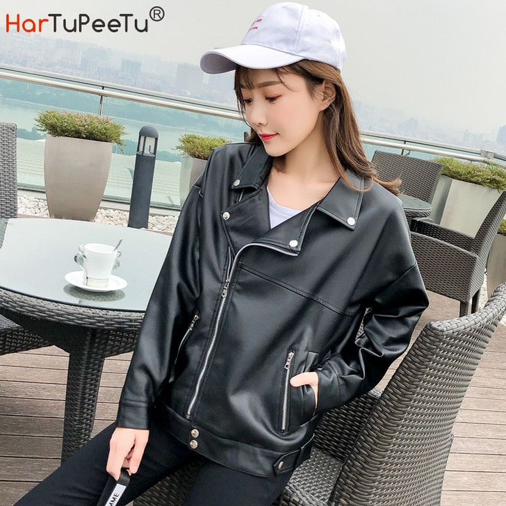 Fall Women PU Leather Motorcycle Jacket Loose Fit BF Short Style Black Coat Korean Style Button Zipper Pockets Spring Outwear|Leather Jackets|