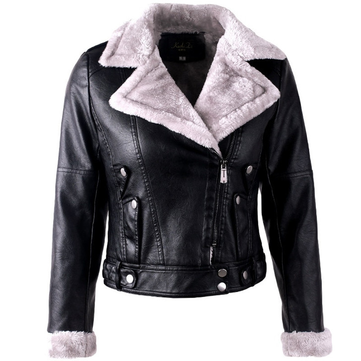Women Warm Leather Jacket Plush Faux 