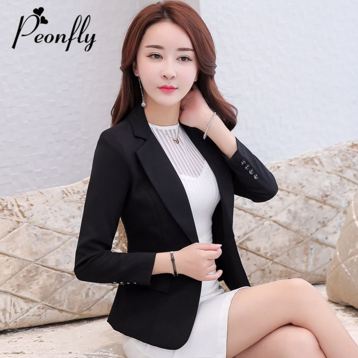 PEONFLY Fashion Women Elegant Long Sleeve Single Button Blazer Jacket Casual Solid Female Lady Office Blazer Outwear Coat Black|Blazers|