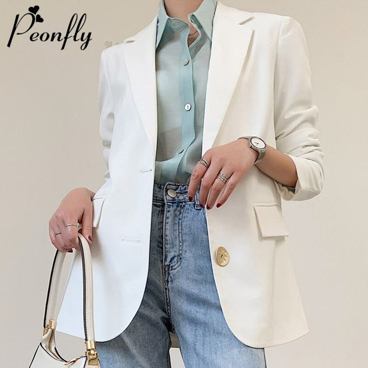 PEONFLY Fashion Women White Blazer Long Sleeve Korean Style Loose Female Blazer Office Ladies 2020 New Arrival Autumn Outwear|Blazers|