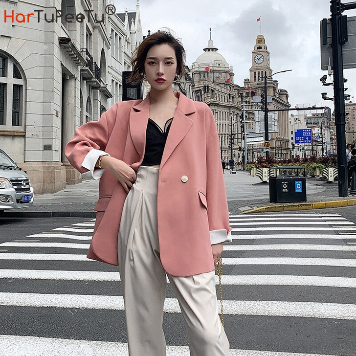 2020 Autumn Women Blazer Oversize Pink Black Korean Style Office Jacket Loose Casual Outwear|Blazers|