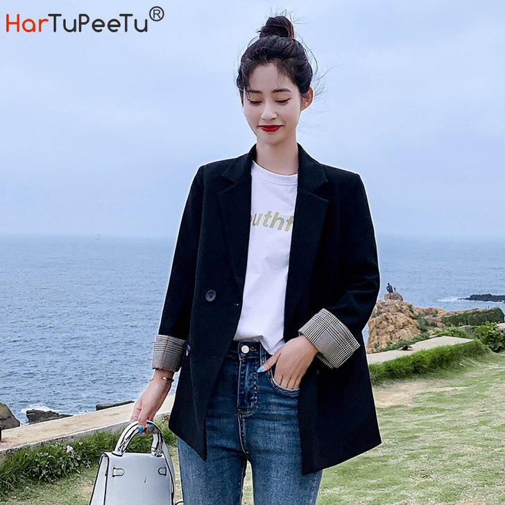 Long Sleeve Women Blazer Oversize Loose Fit Lady Casual Jacket 2020 Autumn Korean Style Black Coat Plaid Cuff Outwear for Girls|Blazers|