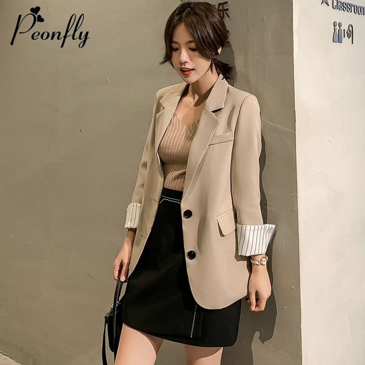 Women Blazer Pockets Peonfly Single Breasted Long Sleeve Office Wear Coat Solid Color Female Casual Outerwear Tops |Blazers|