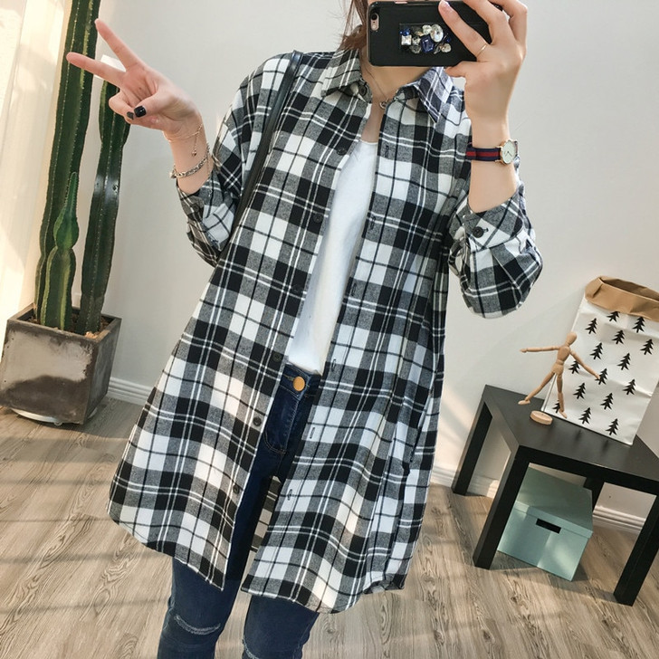 Cotton Women Blouse Plaid Shirt Autumn Loose Casual Long Sleeve Tops For Lady Black White Red Boyfriend Style Harajuku|Blouses & Shirts|