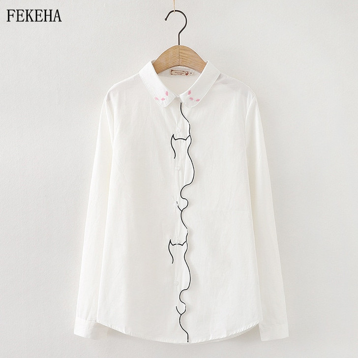 Cat Embroidery White Shirts Womens Blouses And Tops Long Sleeve Cotton Autumn Loose Female Cute Clothes|Blouses & Shirts|