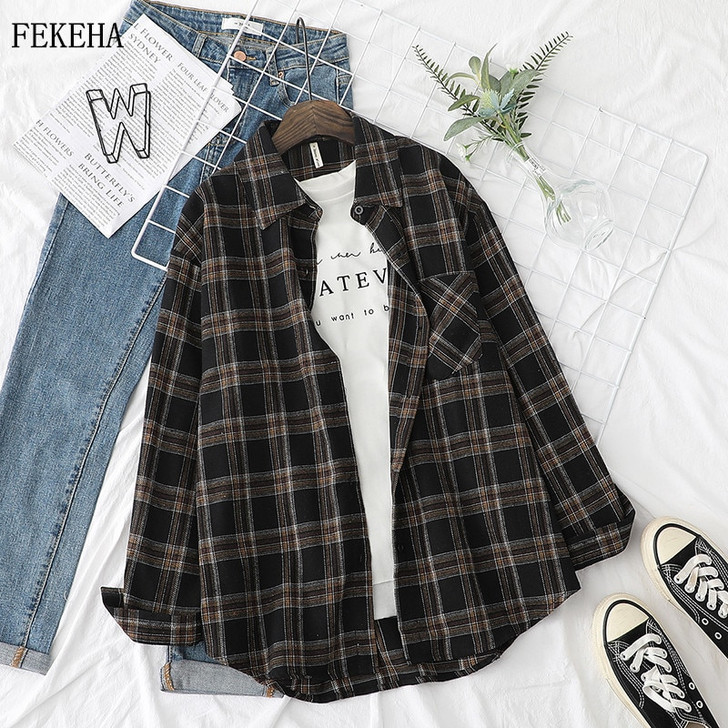 Plaid Shirts Womens Blouses And Tops Long Sleeve Female Casual Print Shirts Loose Cotton Checked Lady Outwear Autumn News|Blouses & Shirts|
