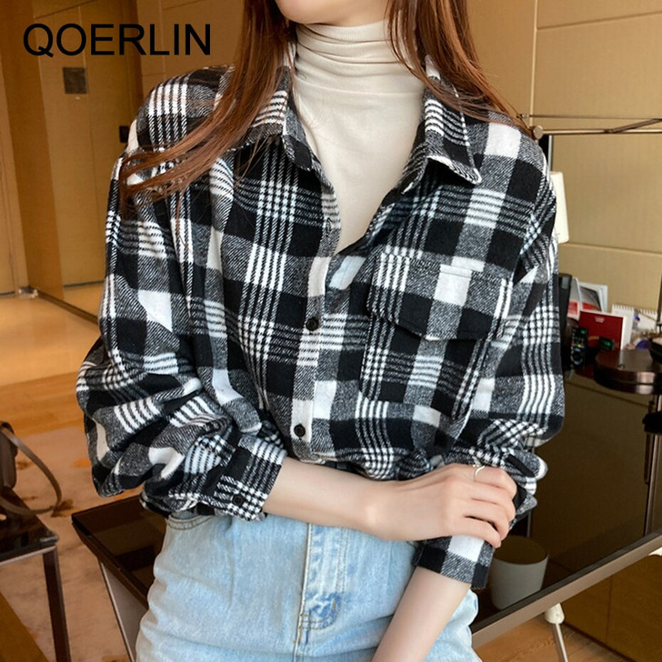 QoerliN 2020 Autumn Winter New Korean Style Retro Casual Lapel Long Sleeve Single Breasted Shirt Women Plaid Plus Size Blouse|Blouses & Shirts|