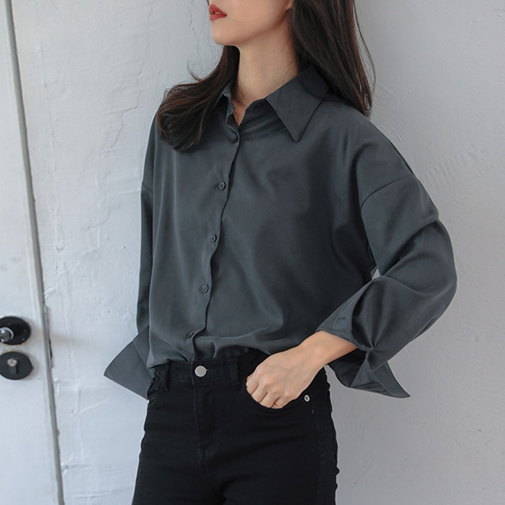 Retro Gray 2020 Spring Summer New Long Sleeve Notch Collar All match Blouse Coat Women Loose Casual Fashion Solid Shirts Ladies|Blouses & Shirts|