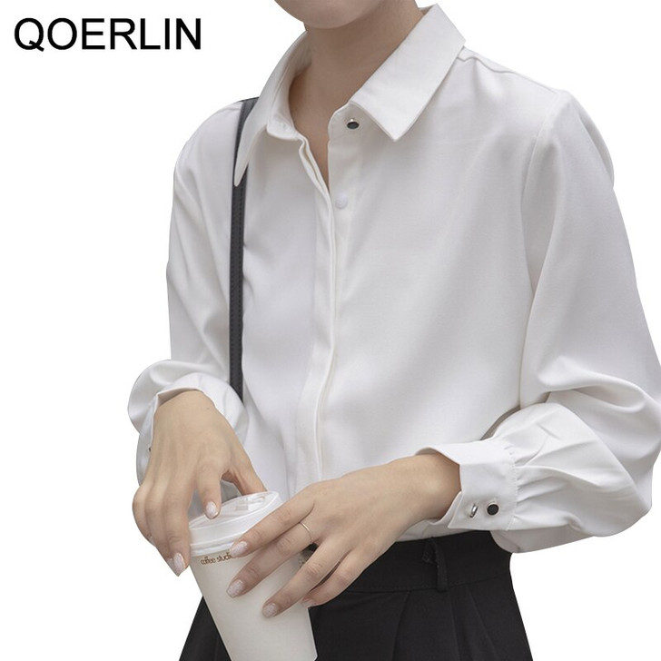 OL Style Women White Shirts Turn Down Collar Blouse Tops Elegant Workwear Female Blusas Single Breasted Invisiable Button Shirts|Blouses & Shirts|