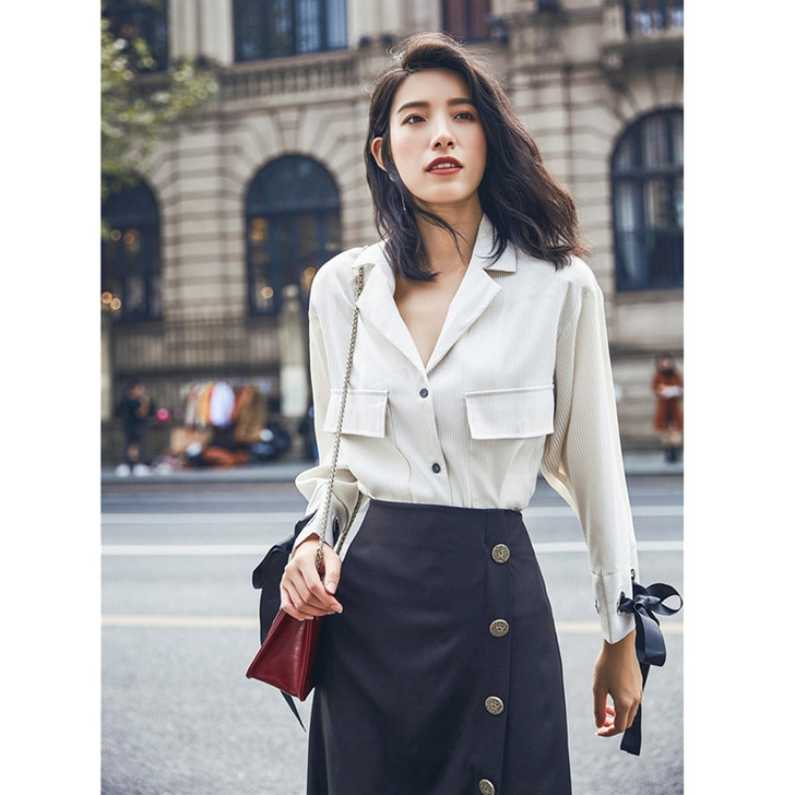 Original Retro Elegant Strap Contrast Color Suit Collar Long Sleeve Loose Pocket Shirt Texture Blouse Work Office Ladies Blouse|Blouses & Shirts|