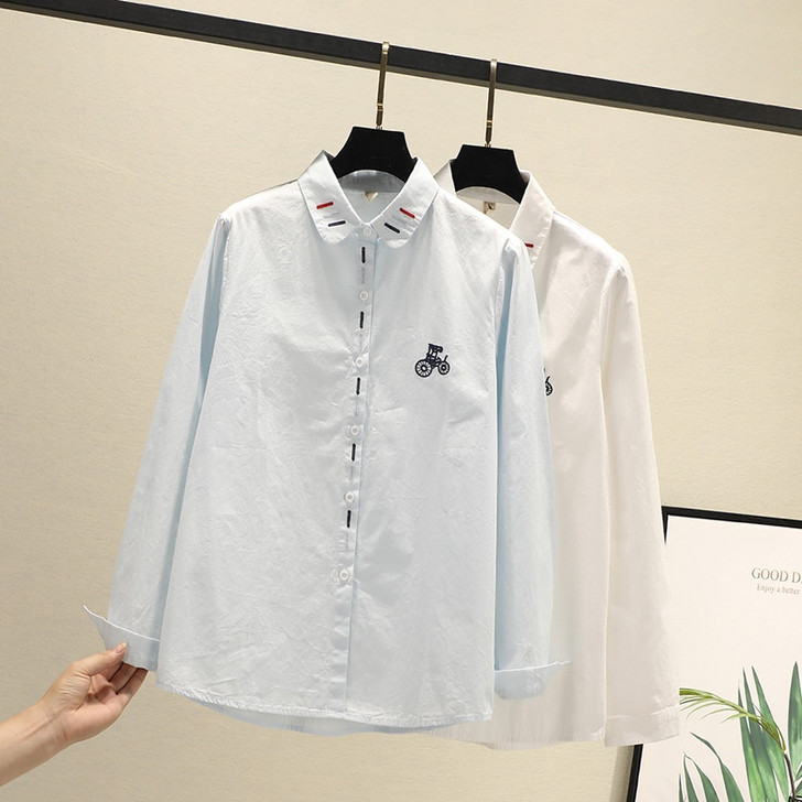Women Blouses Shirts Tunic Womens Tops And Blouses 2020 Womenswear Long Sleeve Clothing Button Up Down White Embroidery Bicycle|Blouses & Shirts|