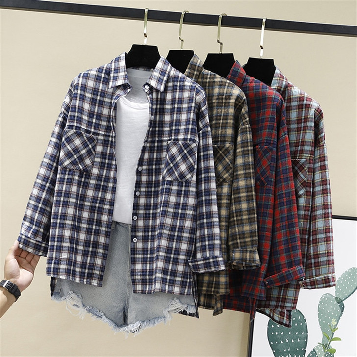 Women Blouses Shirts Tunic Womens Tops And Blouses 2020 Womenswear Long Sleeve Clothing Button Up Down Plaid Split Autumn New|Blouses & Shirts|