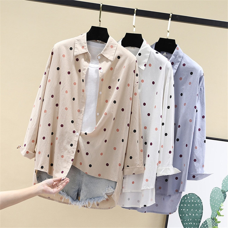 Women Blouses Shirts Tunic Womens Tops And Blouses 2020 Womenswear Long Sleeve Clothing Button Up Down White Dot New Ladies|Blouses & Shirts|