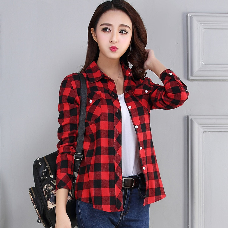 PEONFLY 2019 New Vintage Plaid Blouses Shirt Cage Female Long Sleeve Casual Slim Women Plus Size Shirt Office Lady Tops Red|Blouses & Shirts|