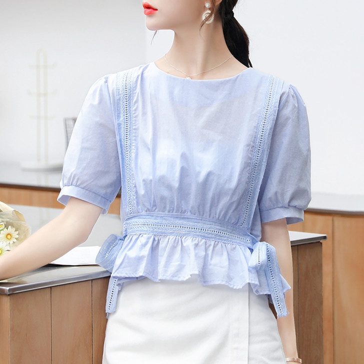 Korean Sweet Ruffle Hem Blouse Women Crop Top Vintage Puff Sleeve Cute Womens Tops and Blouses Lace Hollow Summer Bandage Shirts|Blouses & Shirts|