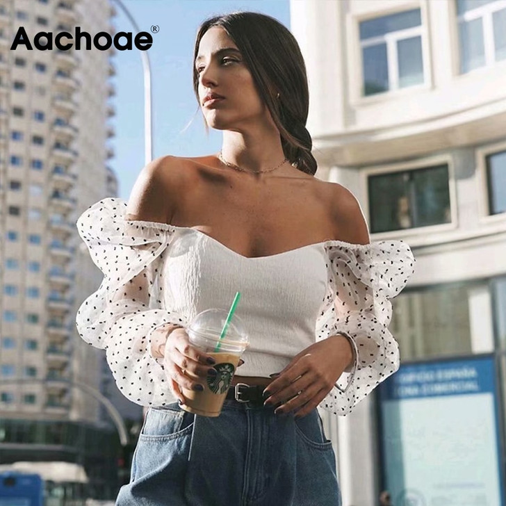 Aachoae Mesh Patchwork Blouses Women Transparent Long Sleeve Crop Top Female Fashion Short Blouse Shirt Tunic Chemisier Femme|Blouses & Shirts|