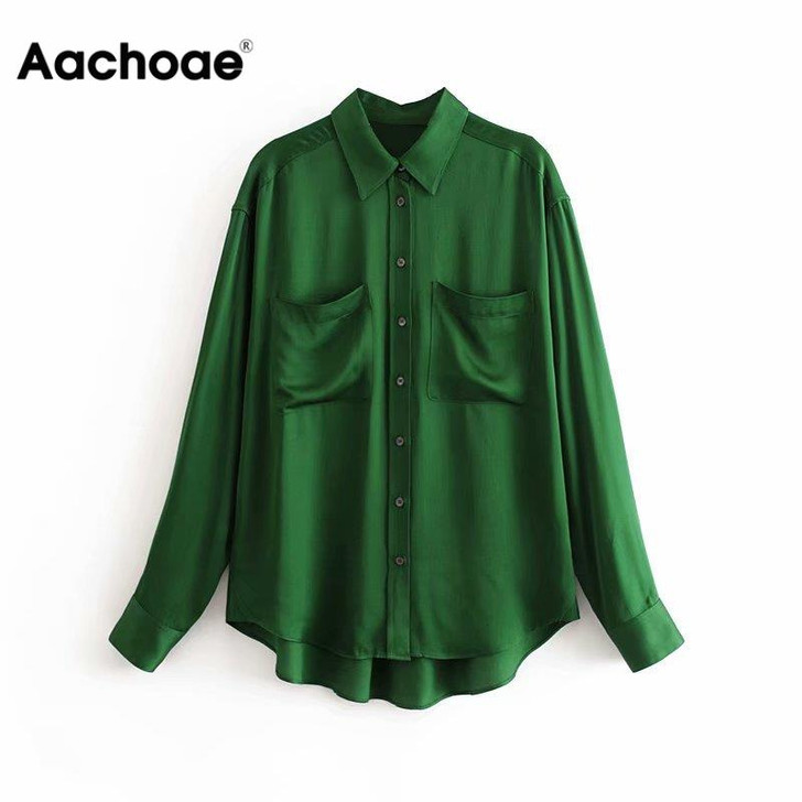 Aachoae Women Vintage Satin Blouse Casual Solid Shirt 2020 Turn Down Collar Office Shirt Long Sleeve Pockets Blouse Top Blusas|Blouses & Shirts|